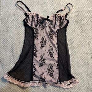 Dreamgirl Floral Lace Chemise in Black and Soft Pink
